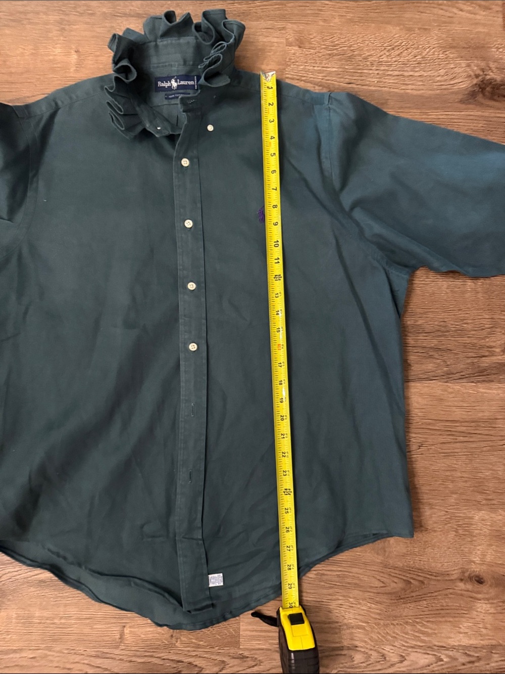 Upcycled Ralph Lauren Dark Green Ruffle Collar Button-Down Shirt Size Large - Picture 6 of 9